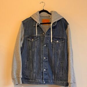 Levi's Blue Denim Jacket with Gray Hoodie Sleeves